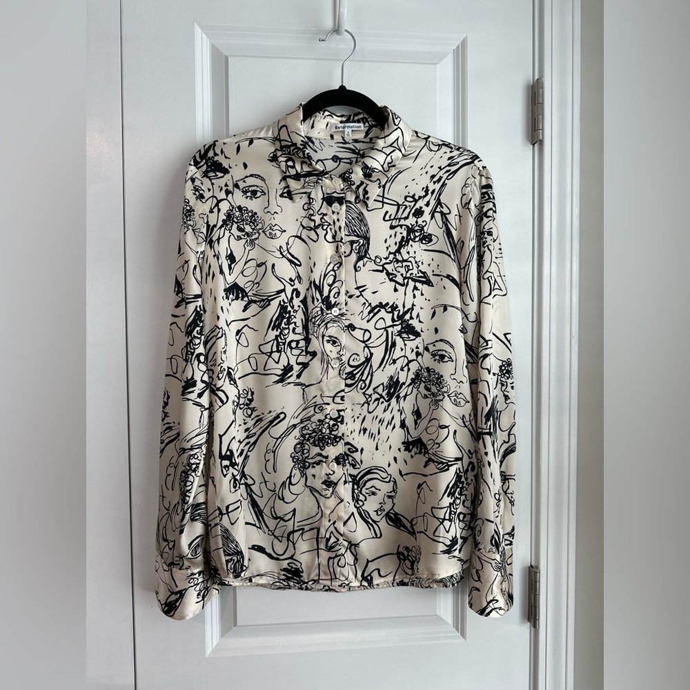 Reformation Sky Silk Vogue Button Up Monochrome Top NWOT Size Small